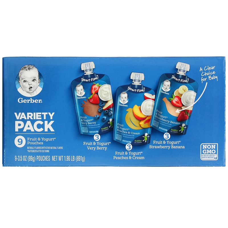 Gerber, Variety Pack, 12+ Months, Fruit & Yogurt, 9 Pouches, 3.5 oz (99 g) Each